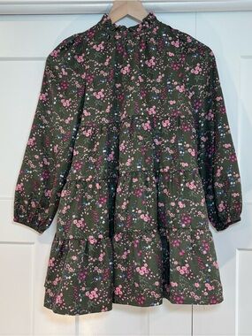 Girls Janie and Jack Tiered Long-Sleeve Dress - Olive Green with Pink Flowers